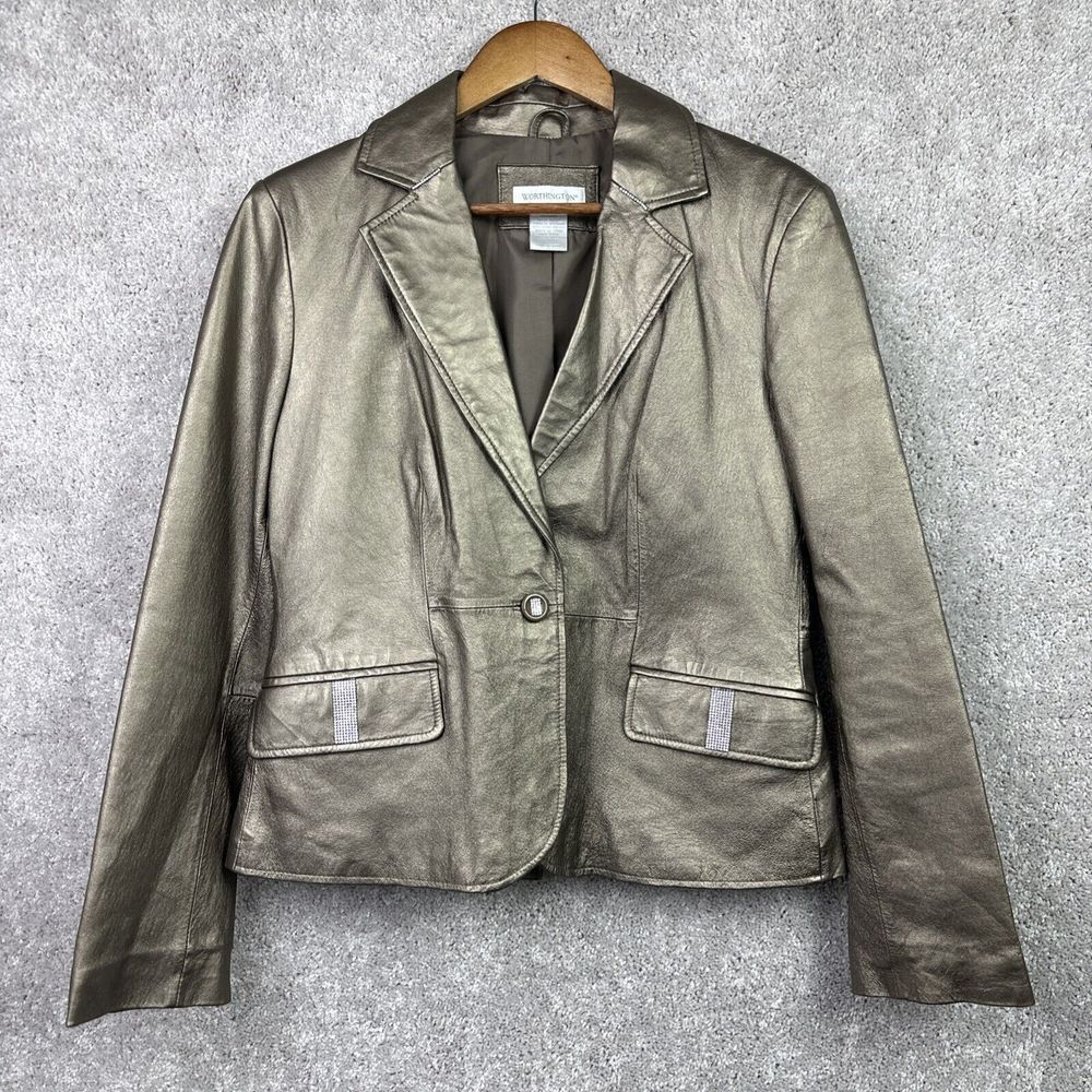 Worthington‎ Metallic Leather Bedazzled Blazer Jacket Women's Size Large Bling